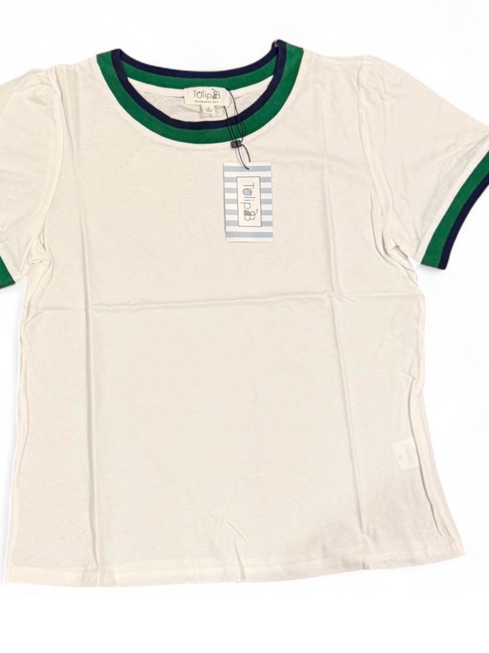 Tulip women’s Short Sleeve Ringer Tee in Cream with Green & Blue Trim